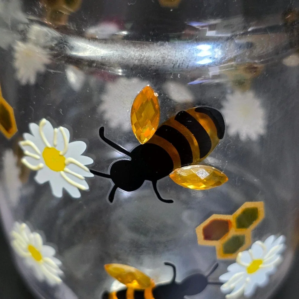 Honey Jar Small Clear Yellow Bee Daisy Glass Wood Lid Decor Cottagecore Honey